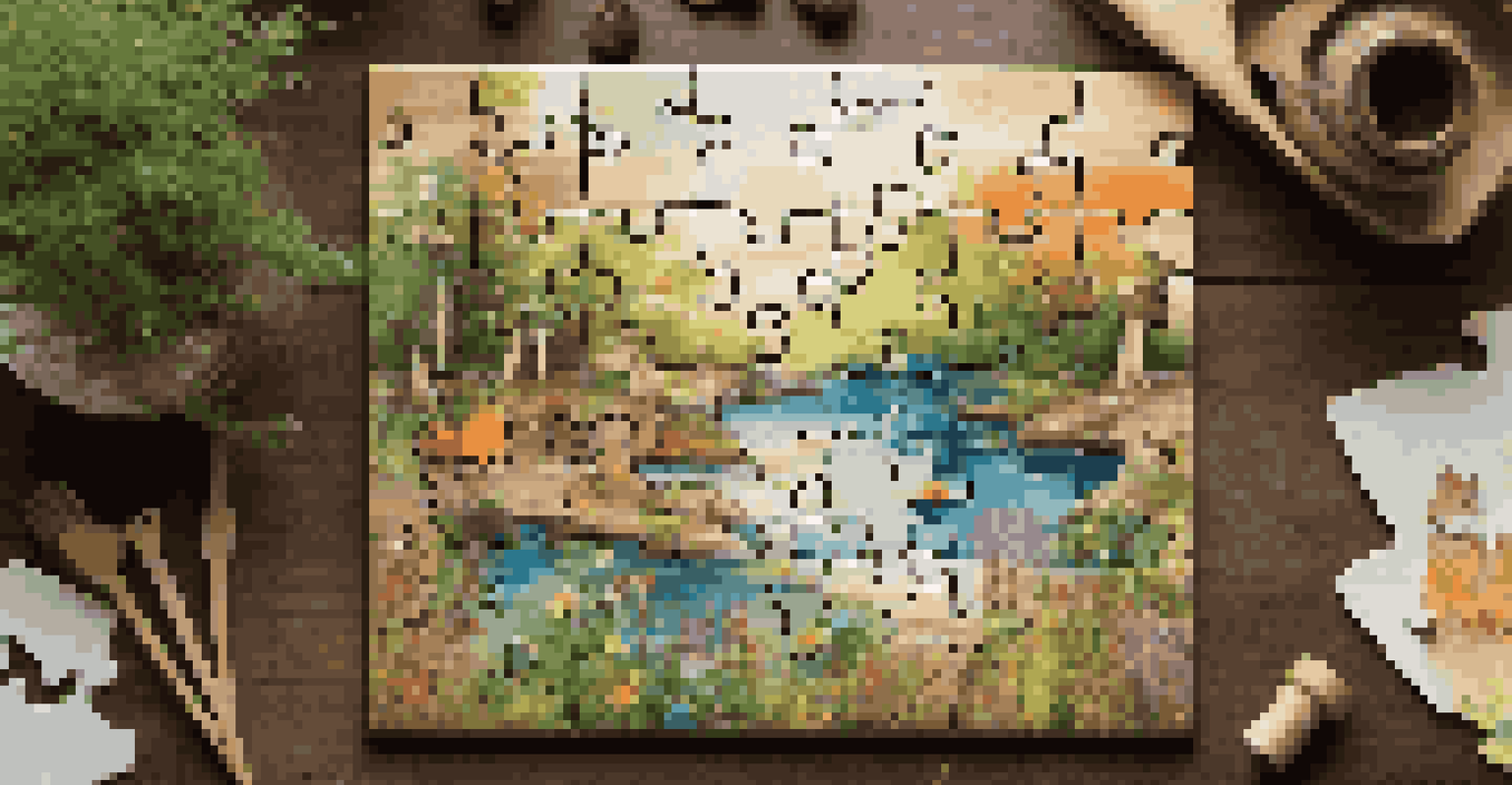 An eco-friendly jigsaw puzzle showcasing a nature scene, placed on a wooden table surrounded by plants and crafting materials.