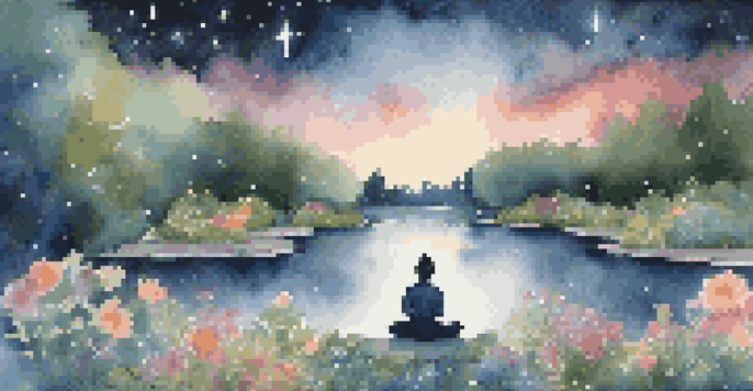 A person meditating in a tranquil garden under a starry night sky, with glowing flowers and soft water features.