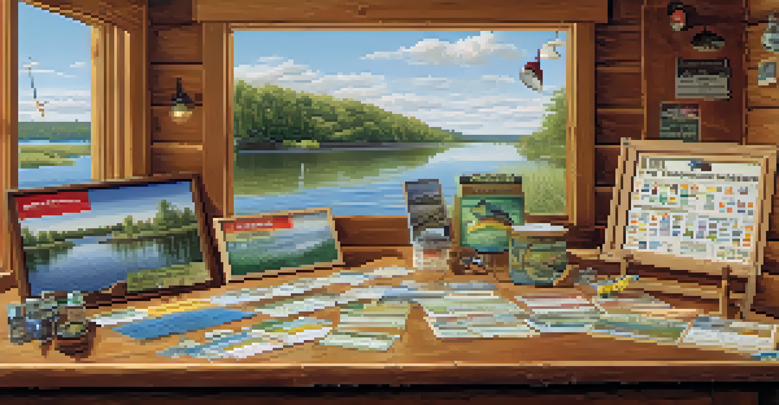 A colorful display of different fishing licenses on a table with fishing gear and a river view in the background.