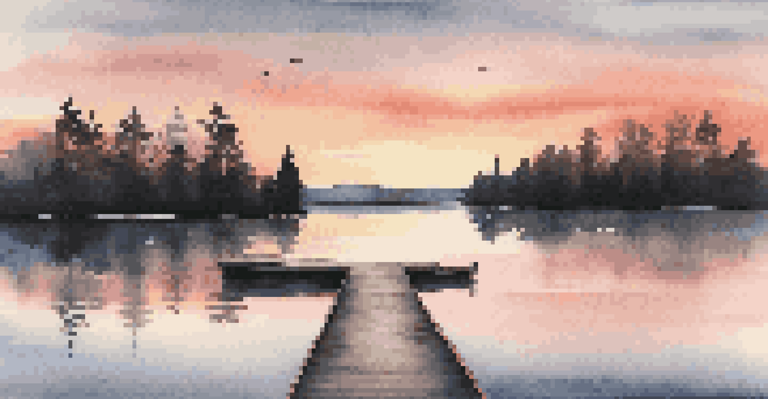 A peaceful lakeside scene at sunset with colorful reflections on the water and a silhouette of trees.