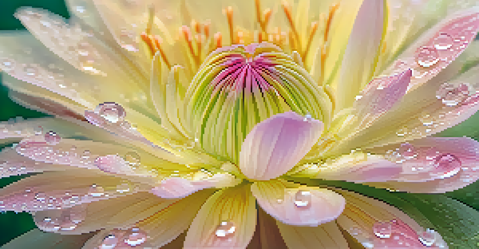A close-up view of a colorful flower with dew drops and a softly blurred green background.