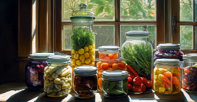 A rustic kitchen table filled with jars of pickled vegetables and fruits, illuminated by soft sunlight.