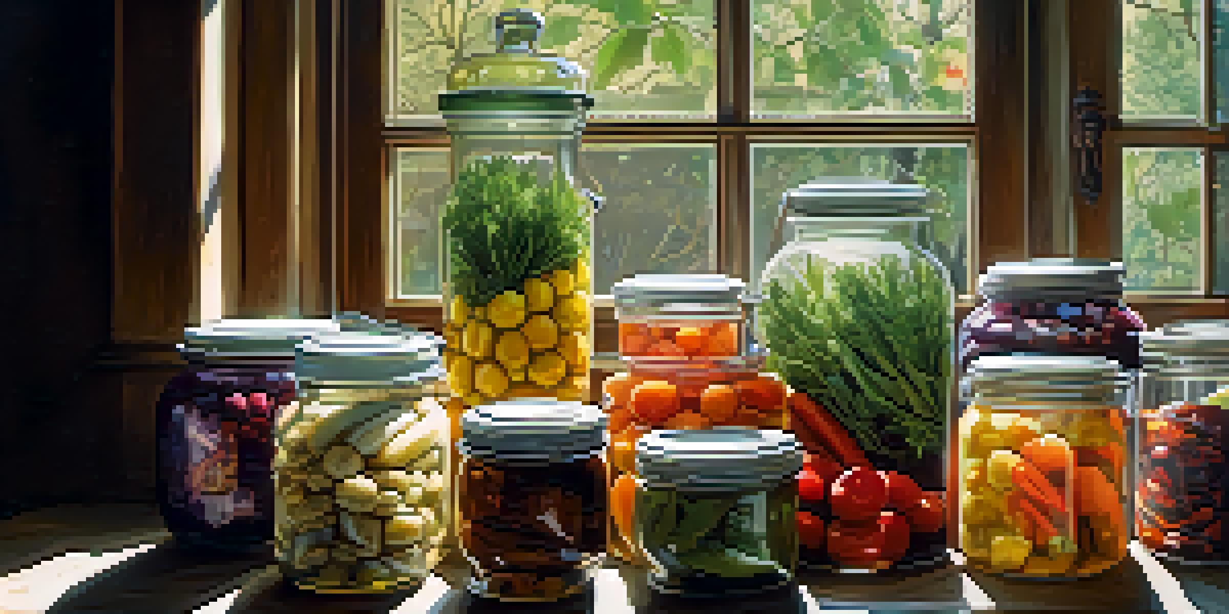 A rustic kitchen table filled with jars of pickled vegetables and fruits, illuminated by soft sunlight.