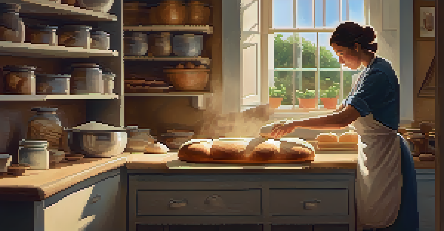A baker shaping dough in a warm, inviting kitchen filled with natural light and baking ingredients.