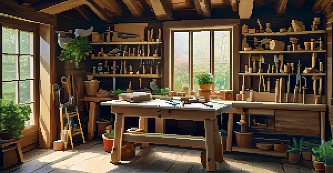 A bright and inviting woodworking workshop with tools and wooden toy designs scattered around a workbench.