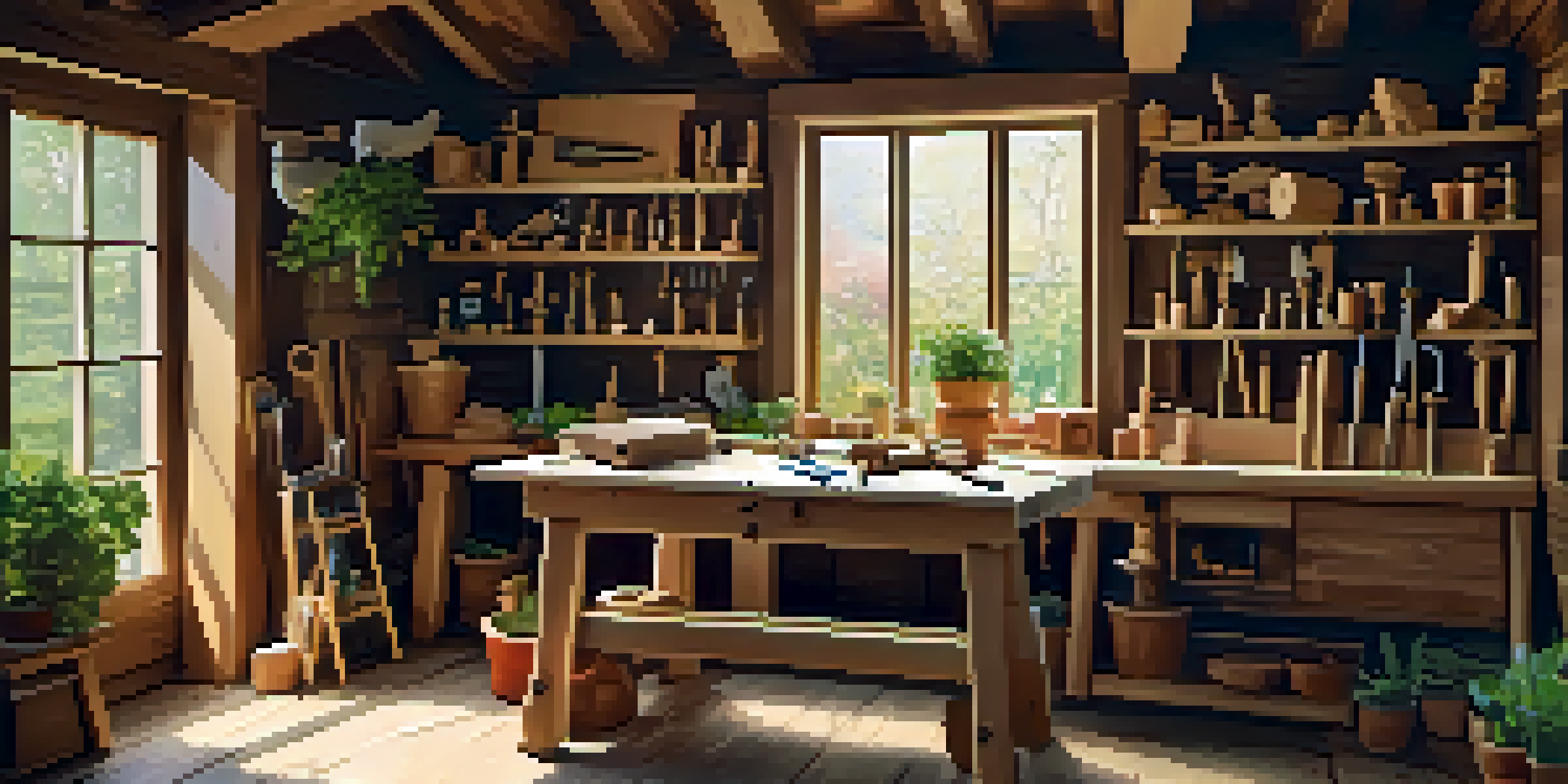 A bright and inviting woodworking workshop with tools and wooden toy designs scattered around a workbench.
