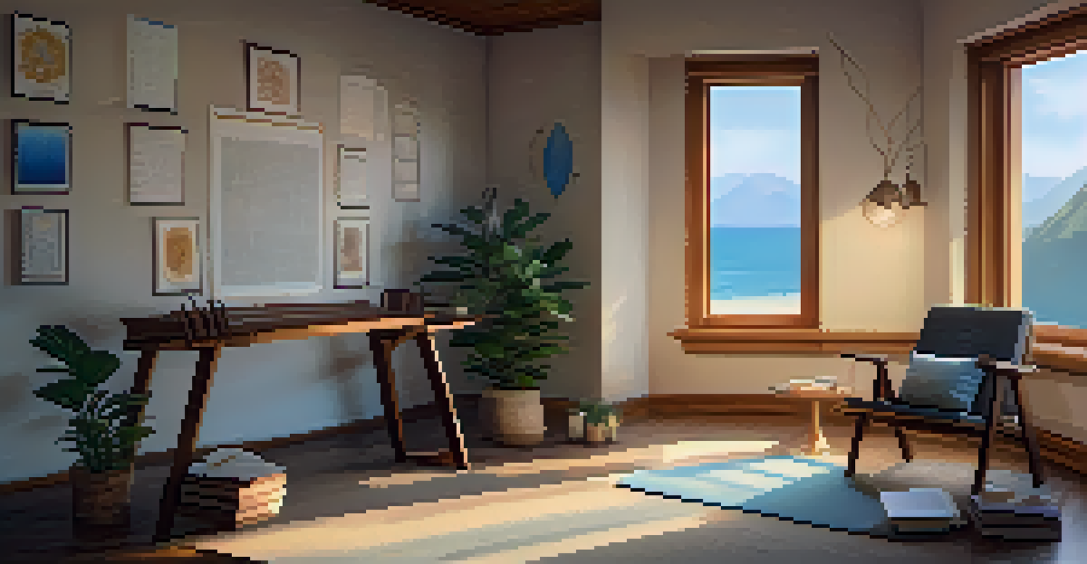 A cozy meditation corner with a chair, books, and a crystal grid, illuminated by natural light.