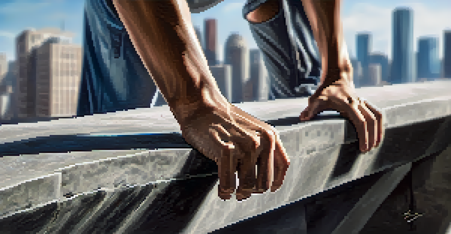 Close-up of a parkour athlete's hands gripping a ledge, highlighting determination and urban textures.