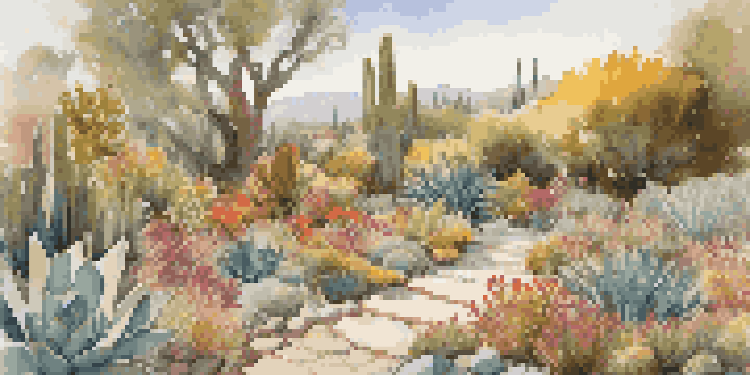 A colorful garden filled with drought-resistant plants, including succulents and native grasses, with a gravel path and birds.