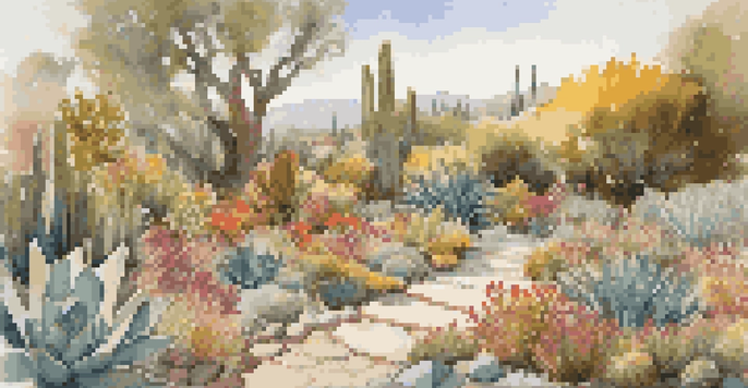 A colorful garden filled with drought-resistant plants, including succulents and native grasses, with a gravel path and birds.