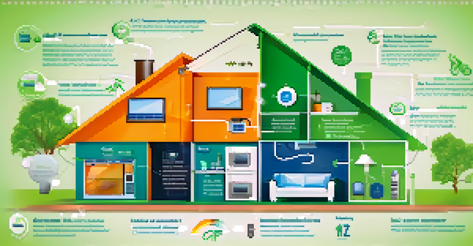 An infographic representation of energy efficiency in home automation with smart devices and a green color scheme.