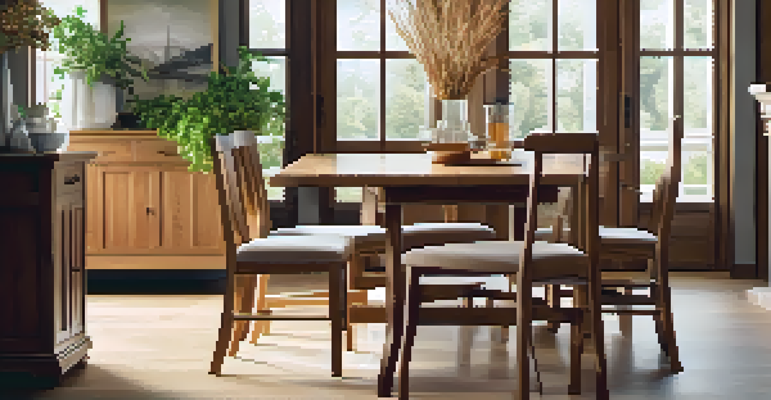An elegant oak dining table with a rich finish, displayed in a cozy setting with plants and soft lighting.