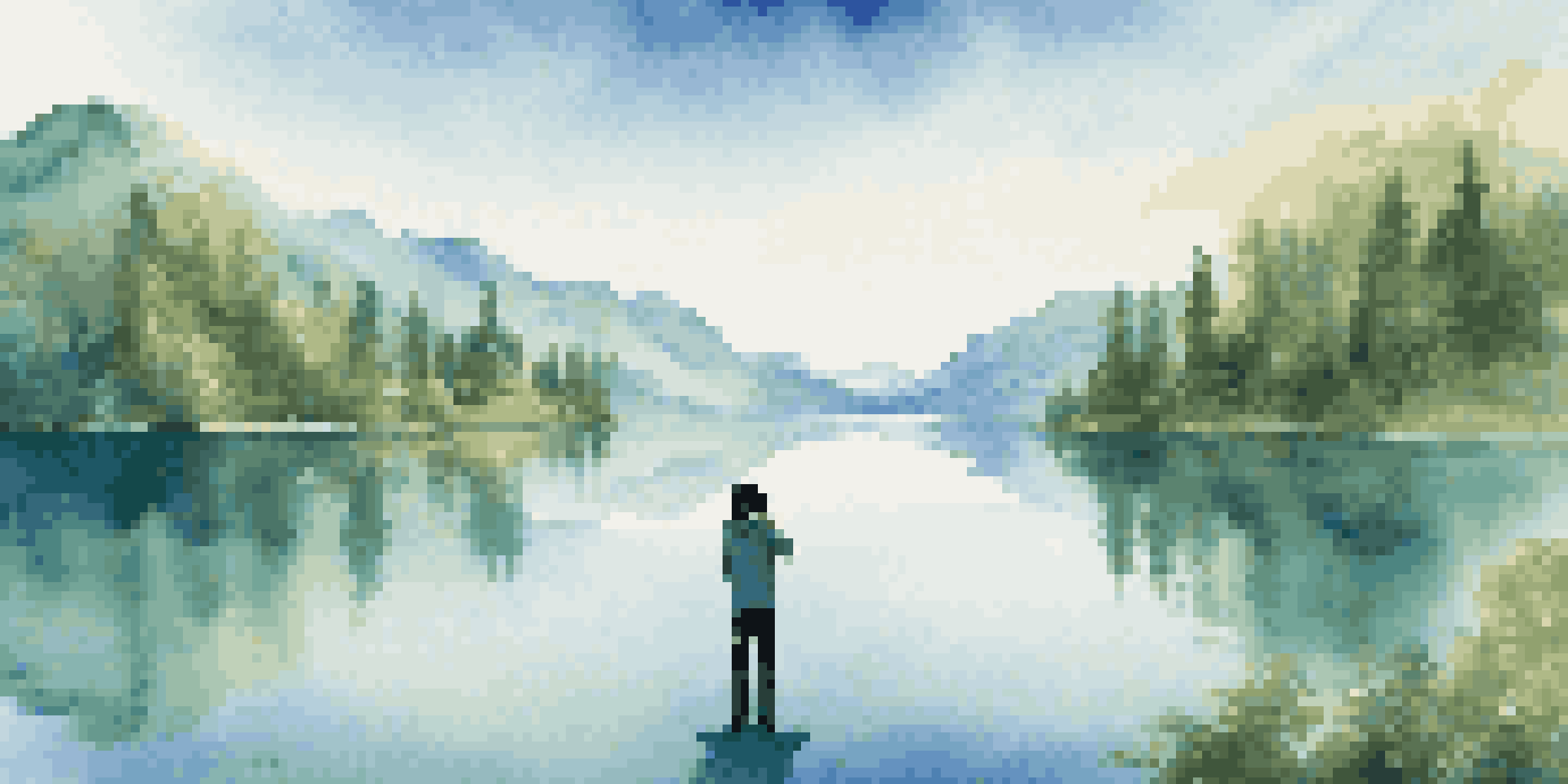 A person wearing a VR headset stands by a peaceful lake surrounded by trees and mountains, reflecting the scenery in the water.