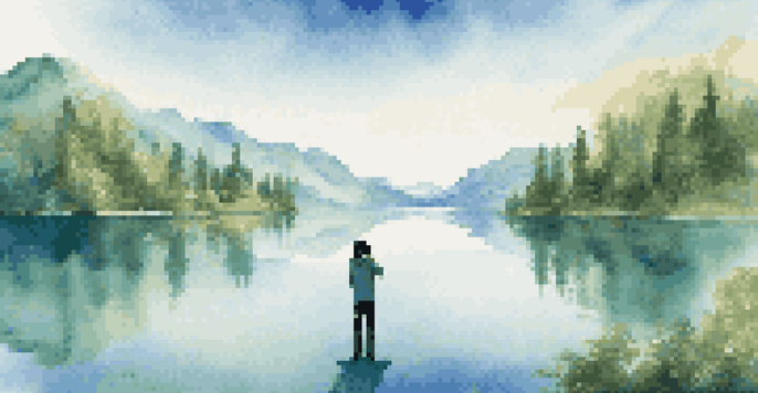 A person wearing a VR headset stands by a peaceful lake surrounded by trees and mountains, reflecting the scenery in the water.