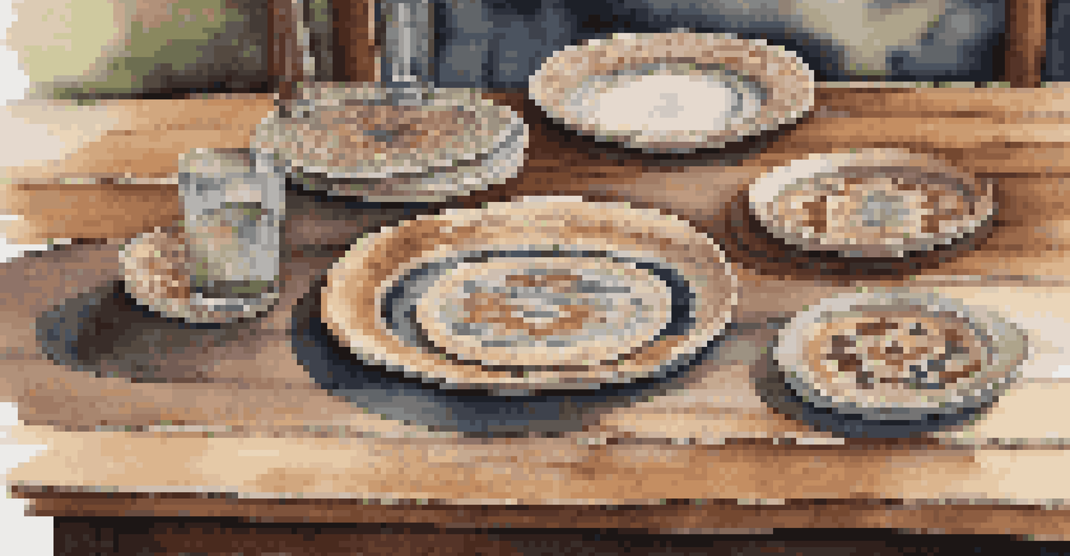 A rustic dining table with unique coasters made from old rugs, featuring a warm wooden setting with plates and glasses.