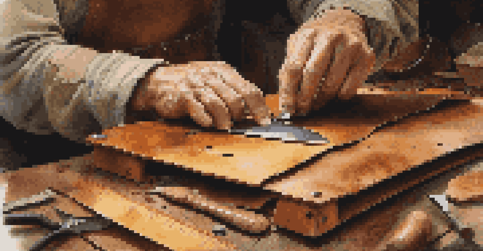 An artisan cutting leather with precision using a utility knife and ruler.