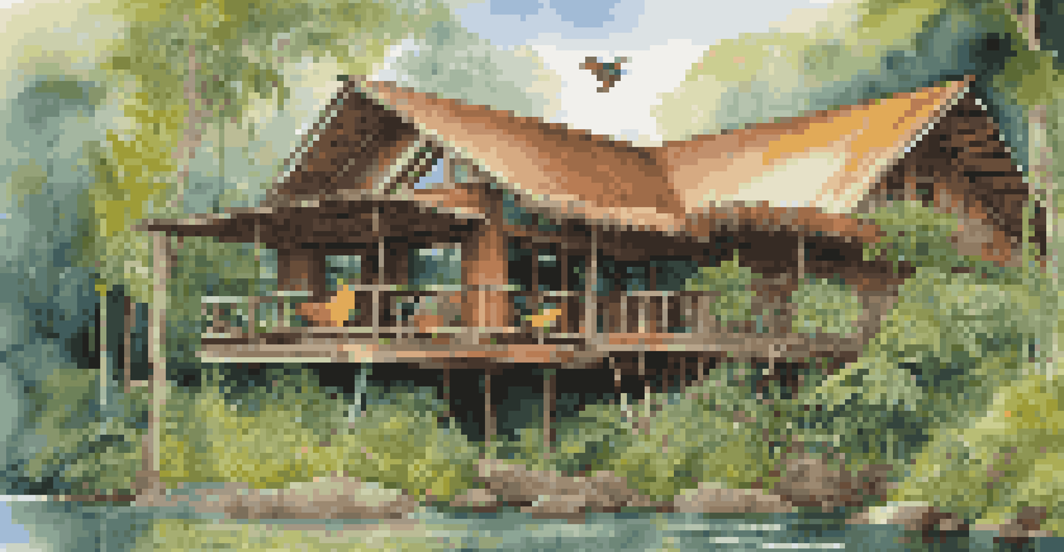 An eco-friendly lodge in the Amazon rainforest, surrounded by lush greenery and vibrant wildlife.