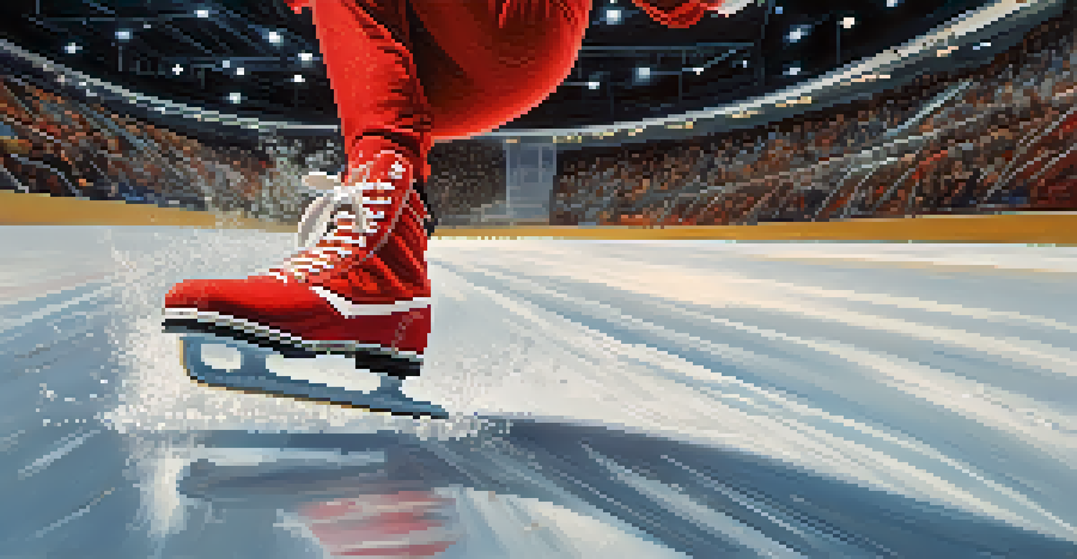 A close-up of a skater's red skates jumping on the ice, with ice shavings flying.
