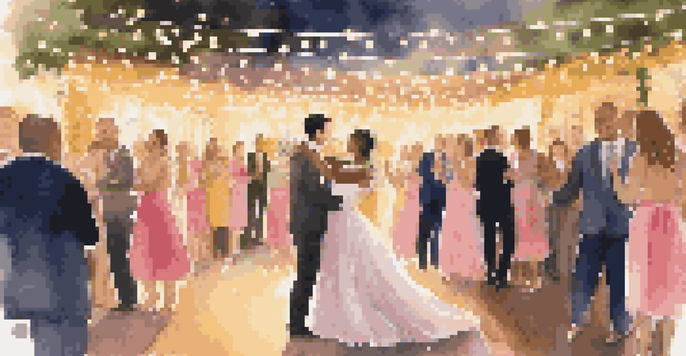 A happy couple dancing at their wedding under fairy lights, with blurred guests in the background.
