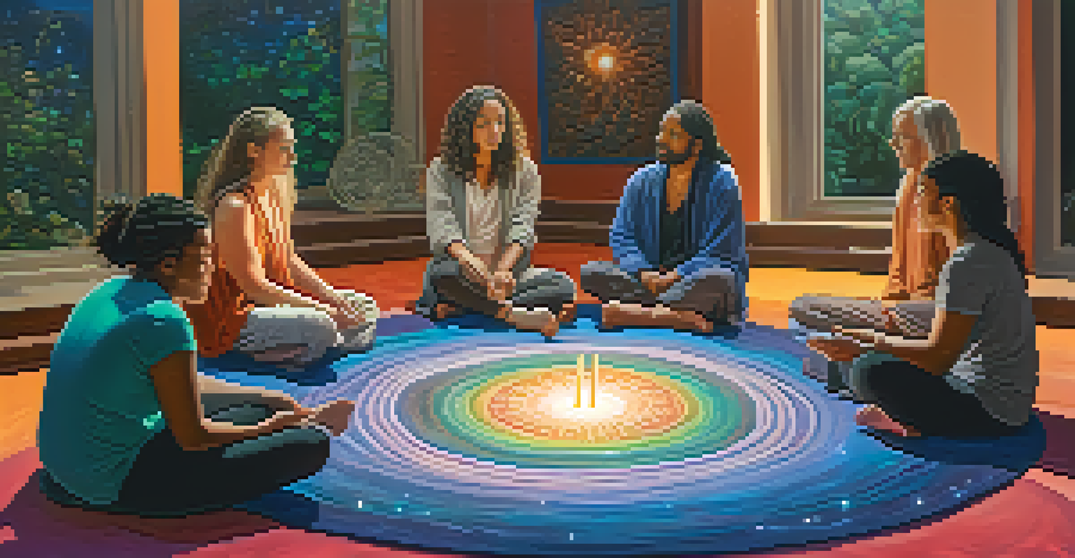A diverse group of people sitting in a circle during an astral projection workshop, surrounded by candles and crystals, creating a warm and inviting atmosphere.