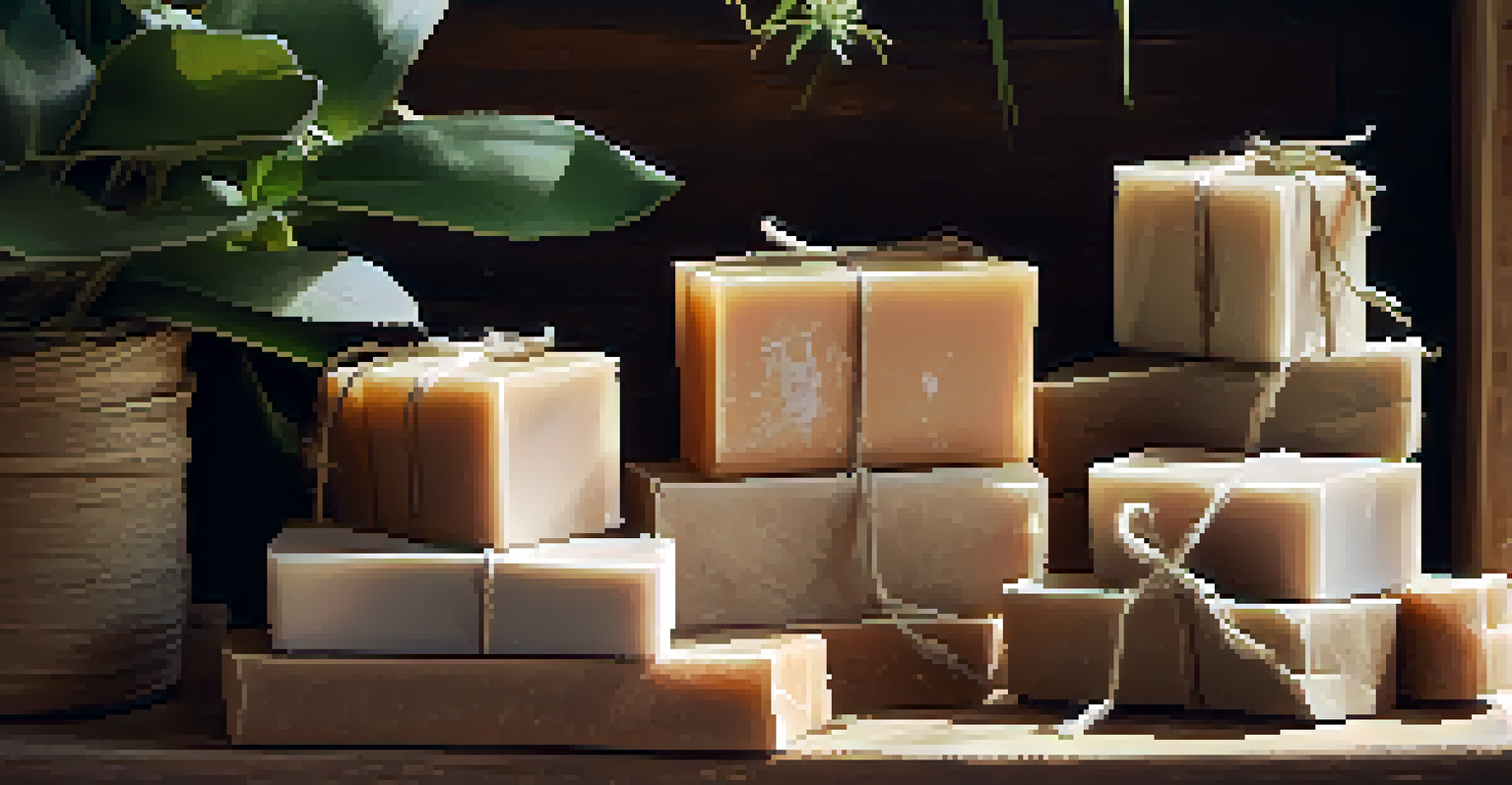 Cured soap bars wrapped in natural paper on a cozy shelf with plants.