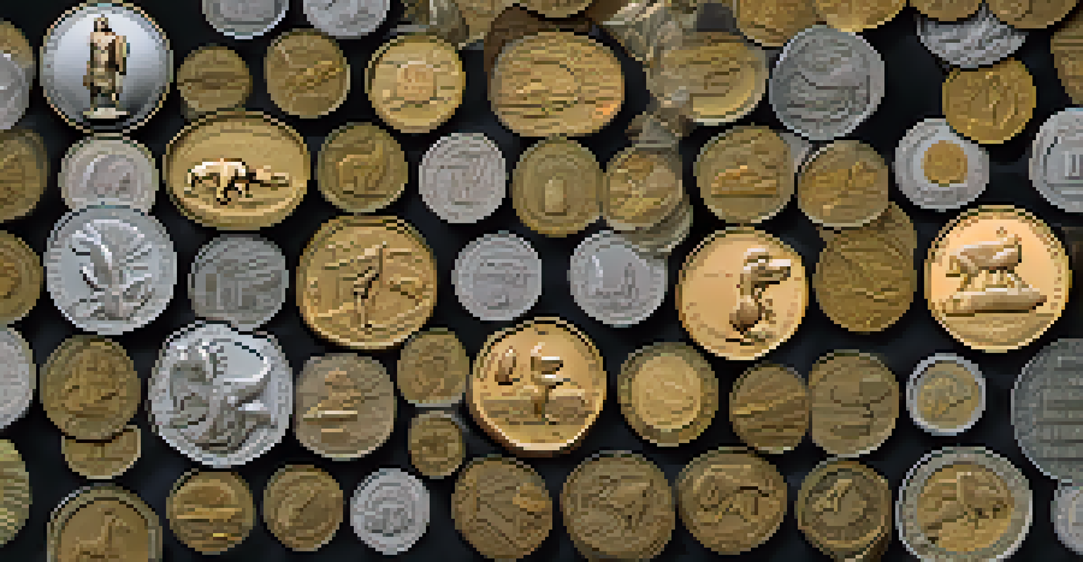 A timeline displaying the evolution of coin design with various historical coins set against a softly illustrated backdrop.