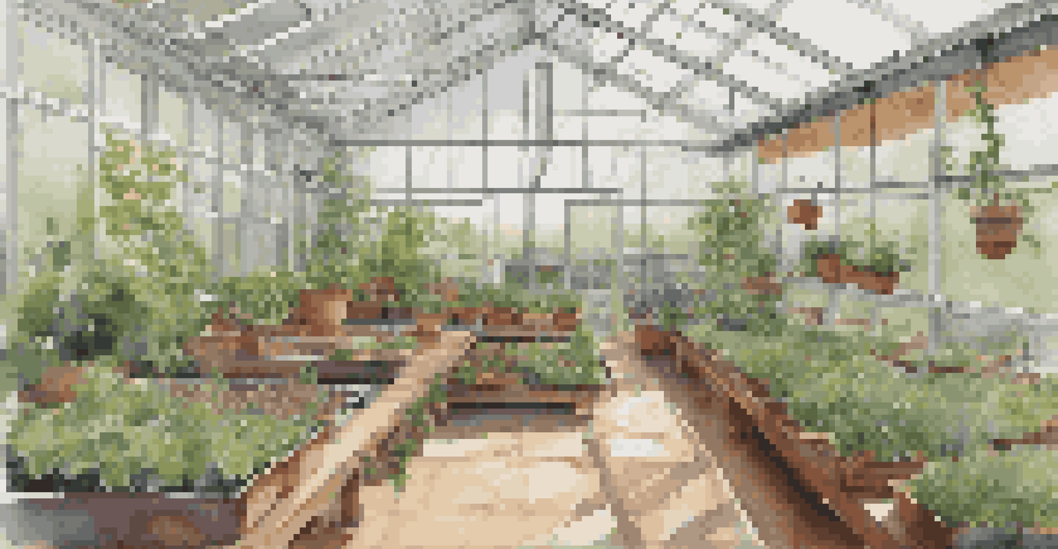An interior view of a greenhouse with a drip irrigation system, vibrant plants thriving under natural light, and open louvered windows for ventilation.