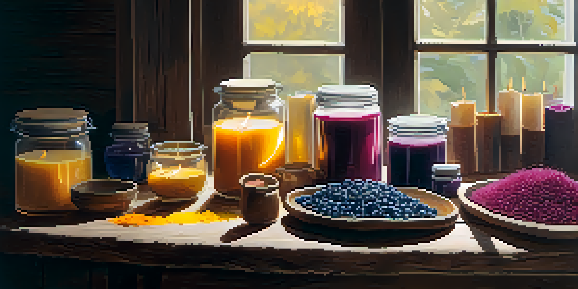 A cozy candle-making scene with natural dye sources like beetroot and turmeric on a wooden table, with a melting pot of wax in the background.