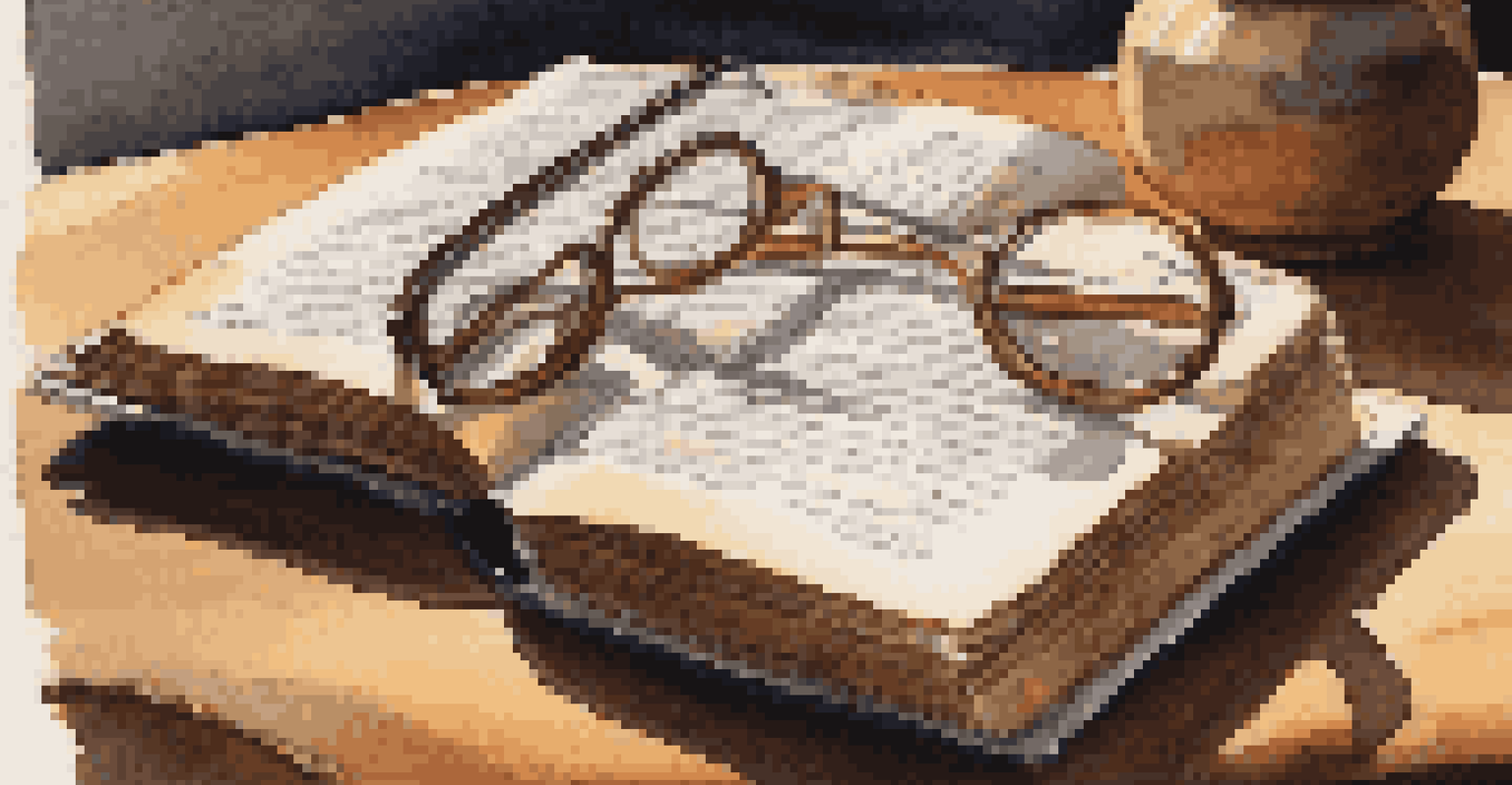 An open book with reading glasses and a cozy blanket on a wooden table, illuminated by warm light.
