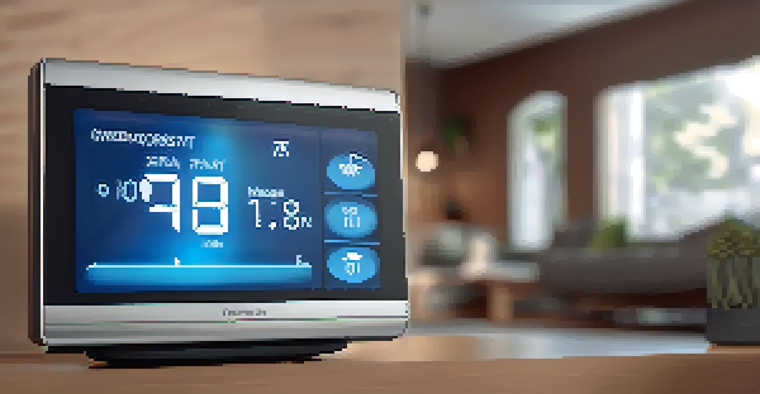A close-up of a smart thermostat interface displaying energy usage and temperature settings in a cozy setting.