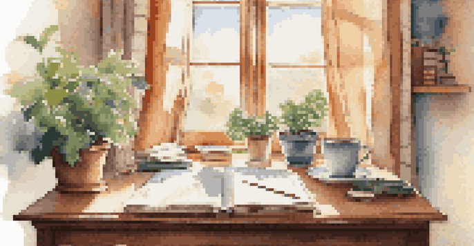 A cozy workspace with an open puzzle book, a cup of coffee, and sunlight streaming in through a window.