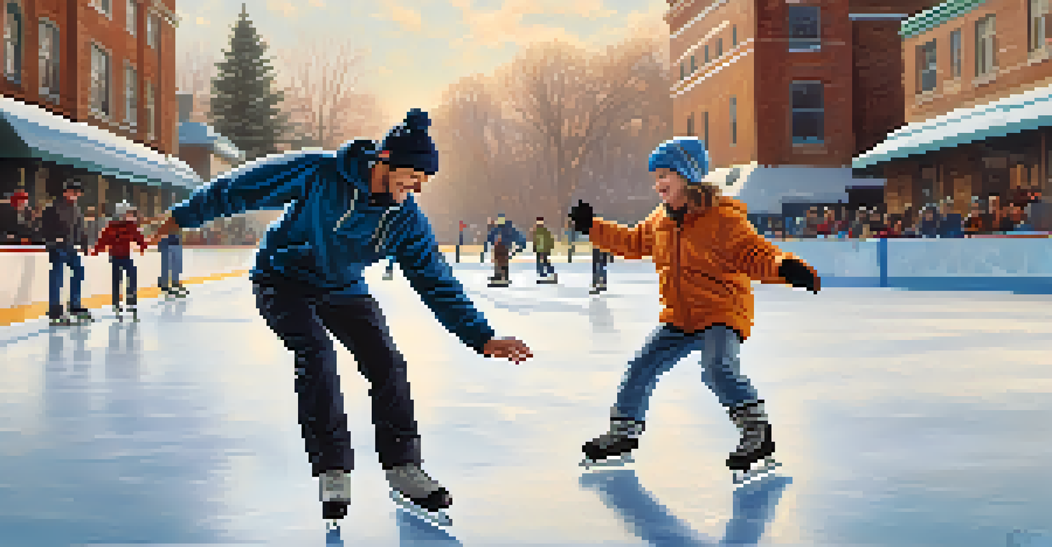 An adult skater assisting a fallen child on the ice, both smiling, surrounded by other skaters in a cheerful rink atmosphere.