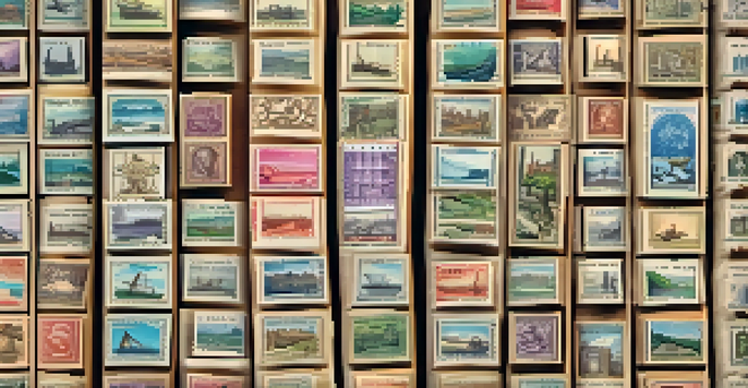 A close-up of a wooden stamp album with colorful vintage stamps organized on its pages, illuminated by soft natural light.