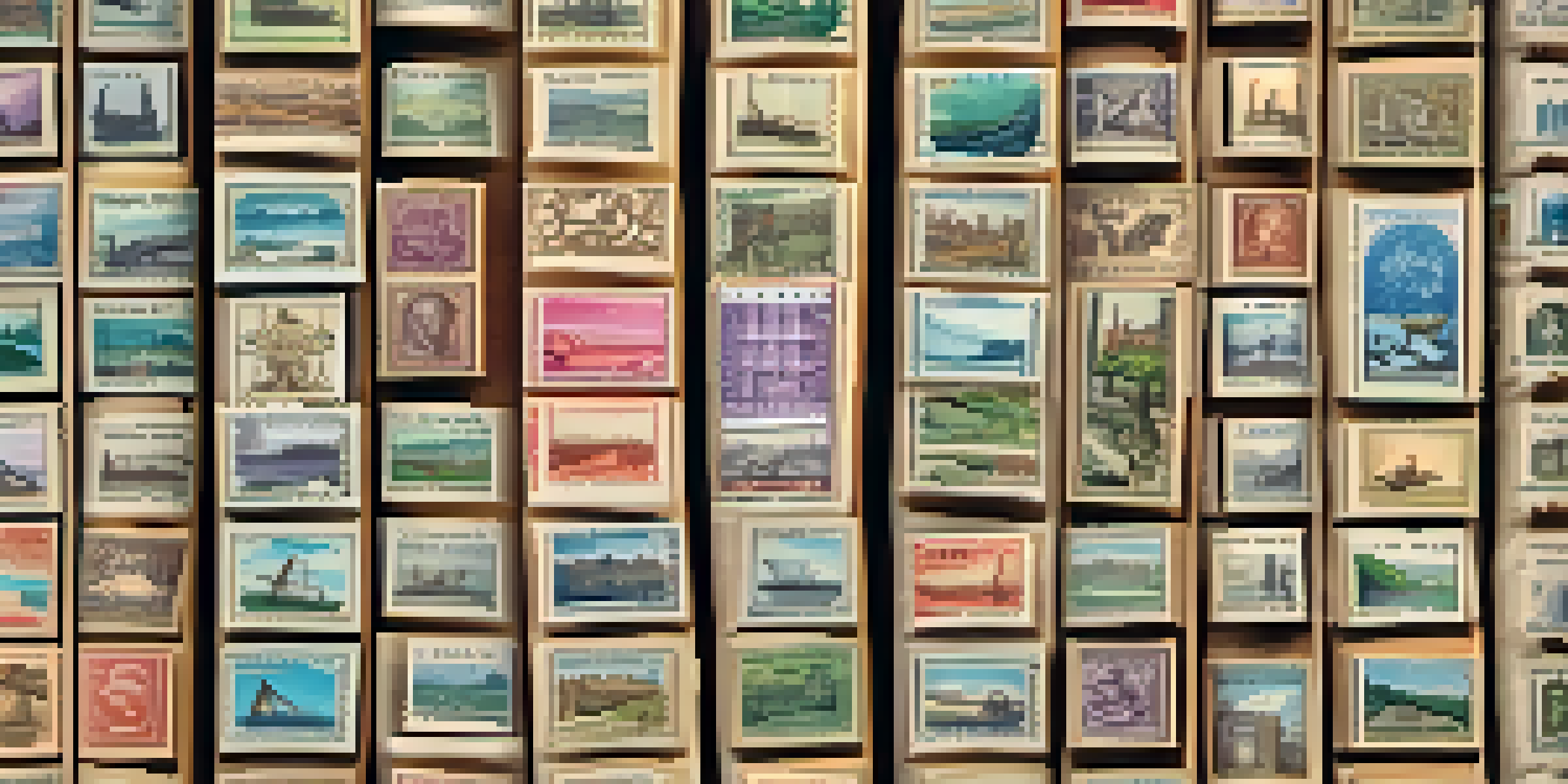 A close-up of a wooden stamp album with colorful vintage stamps organized on its pages, illuminated by soft natural light.
