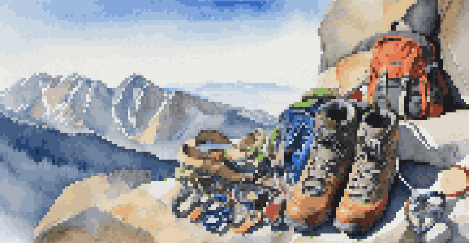 Climbing gear arranged on a rocky surface with a mountain landscape in the background.