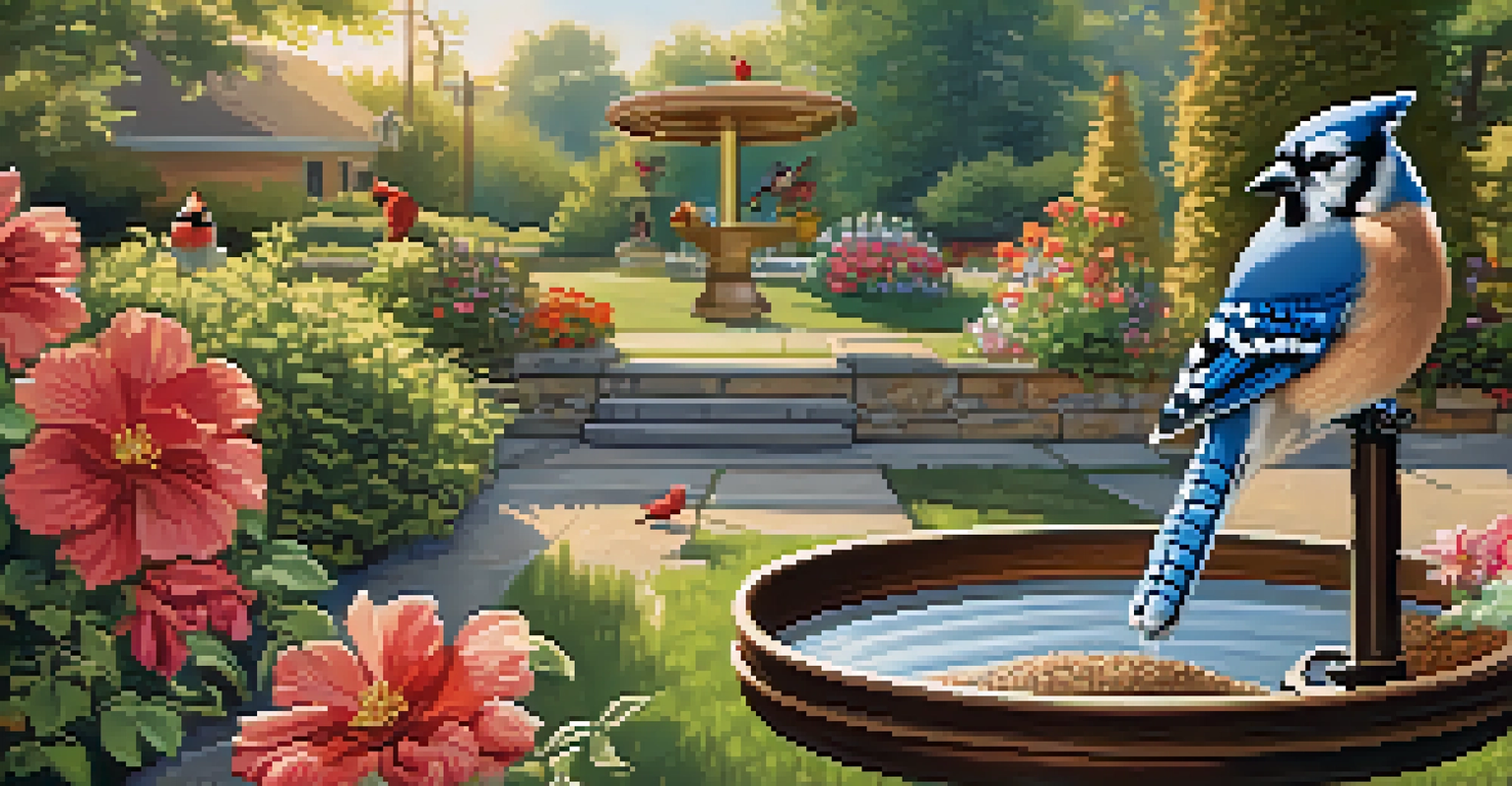 A backyard scene with a bird feeder attracting various birds, surrounded by colorful flowers.