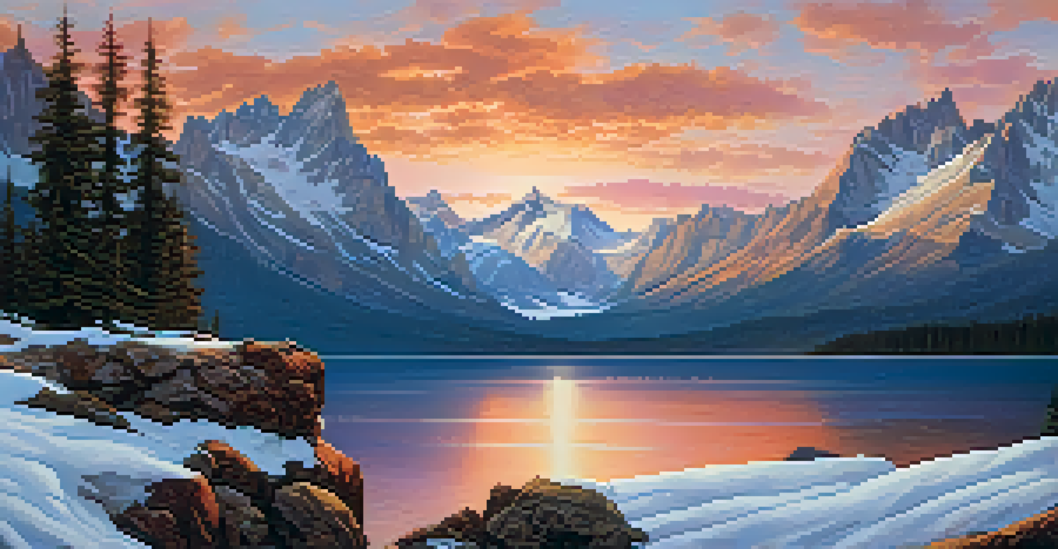 A hiker celebrating at sunrise on a mountain with a colorful sky and a lake in the foreground.