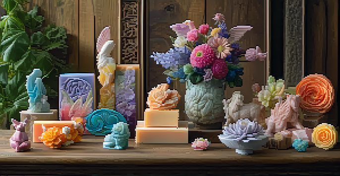 A collection of colorful handcrafted soap sculptures in various shapes, displayed on a wooden table with a garden backdrop.