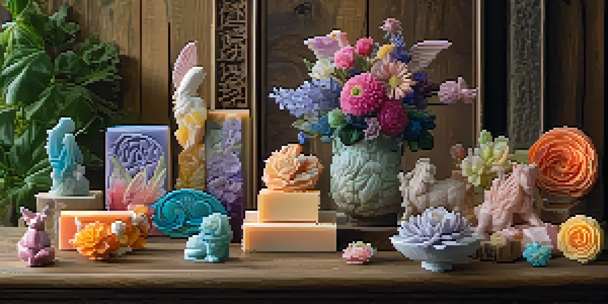 A collection of colorful handcrafted soap sculptures in various shapes, displayed on a wooden table with a garden backdrop.
