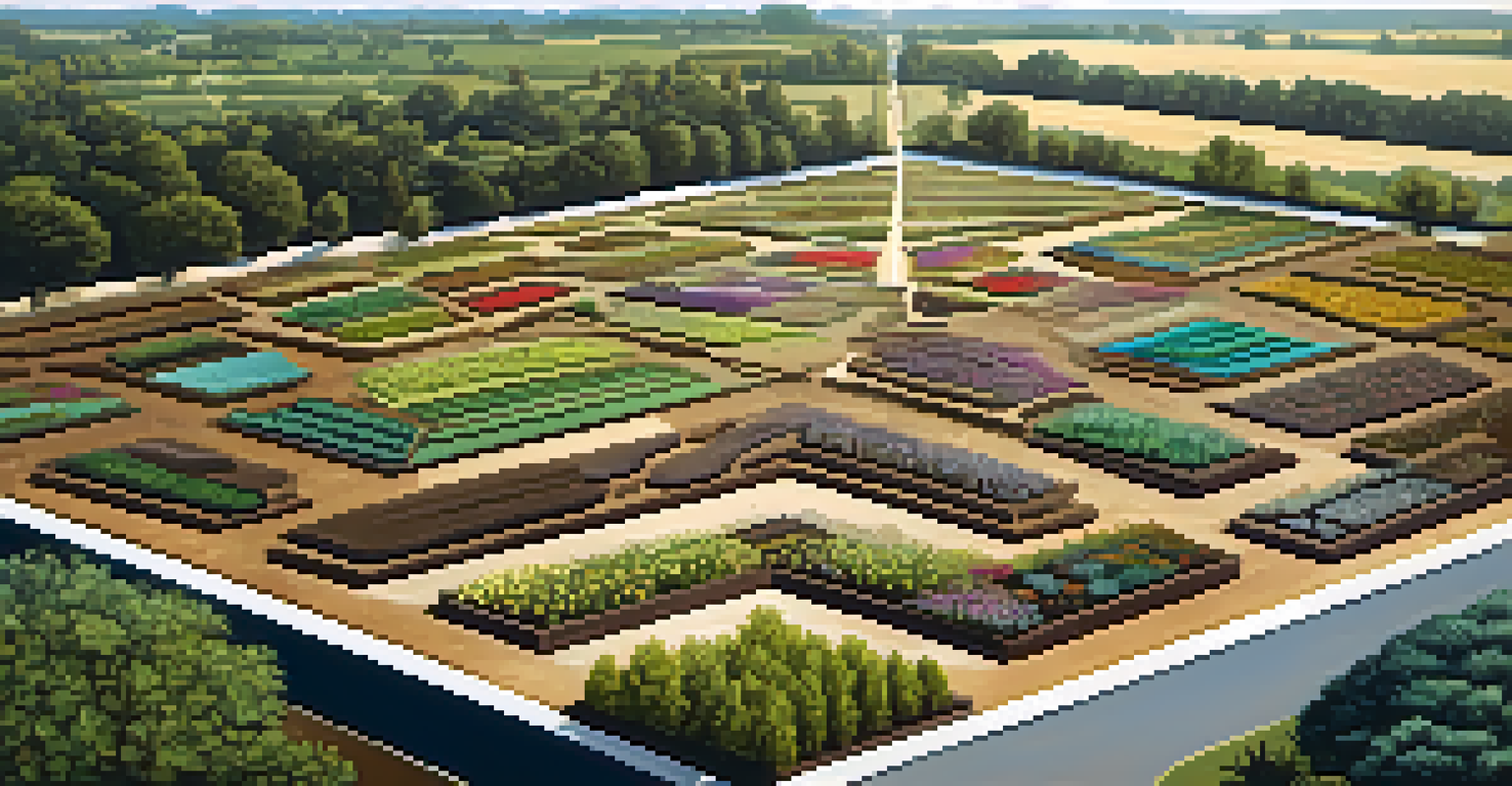 Aerial view of a garden with a colorful soil map overlay, showing different soil types and thriving plants.