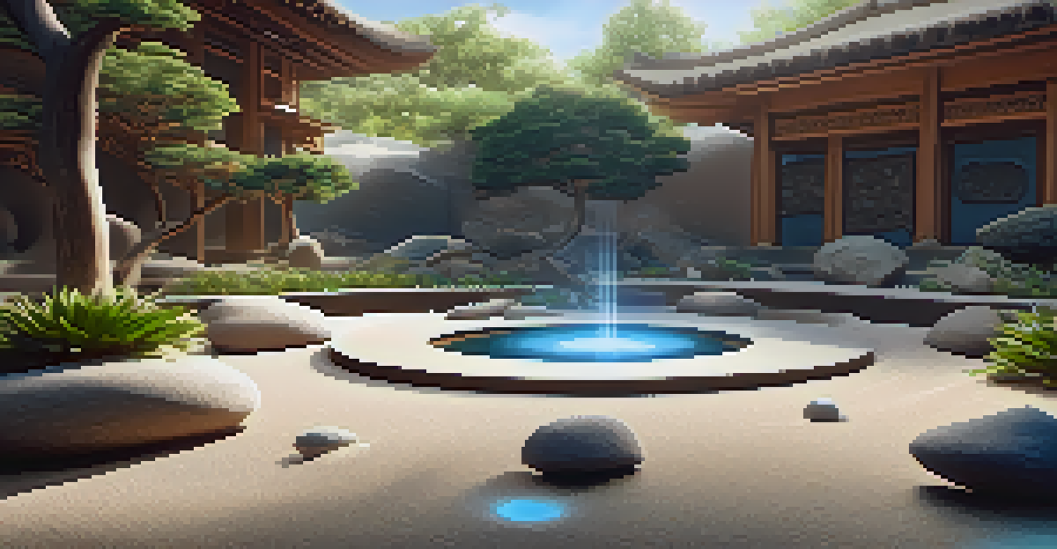 A person experiencing a virtual reality Zen garden, surrounded by digital rocks and sand patterns, showcasing sunlight interaction.