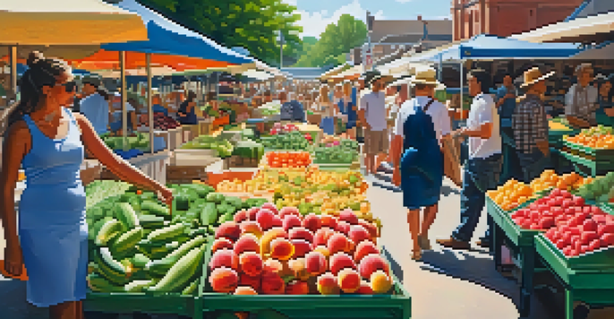 A lively farmers' market filled with colorful fruits and vegetables, including peaches and watermelons, under bright umbrellas in sunny weather.