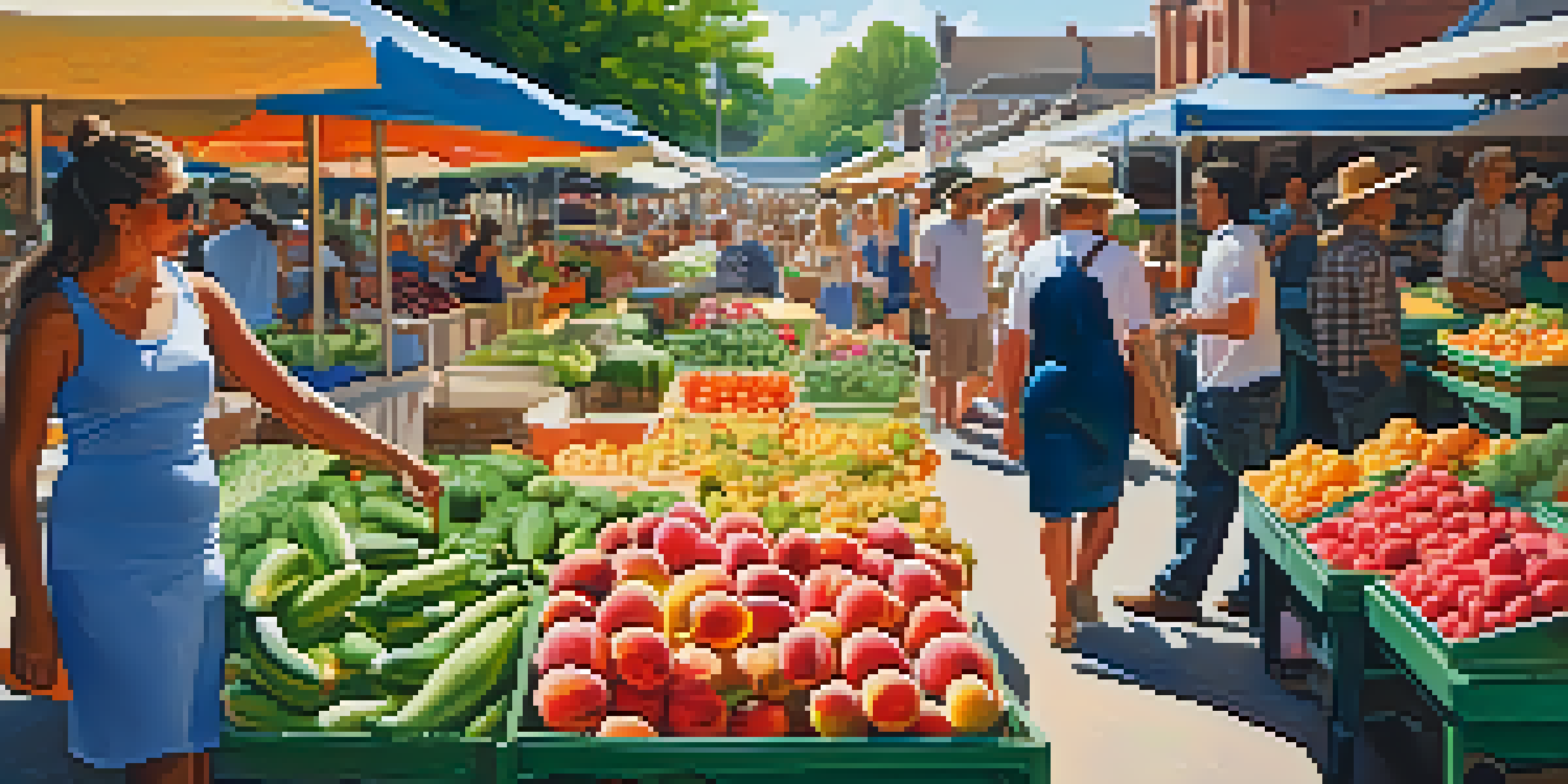 A lively farmers' market filled with colorful fruits and vegetables, including peaches and watermelons, under bright umbrellas in sunny weather.