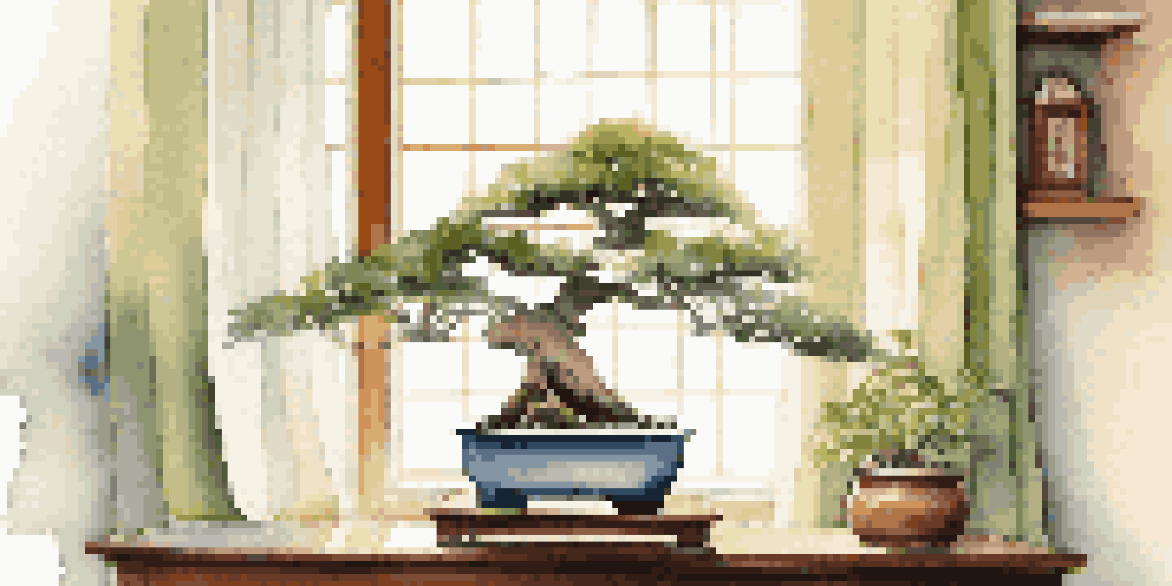 A decorative bonsai tree on a wooden table near a window, illuminated by natural sunlight, surrounded by soft greenery.