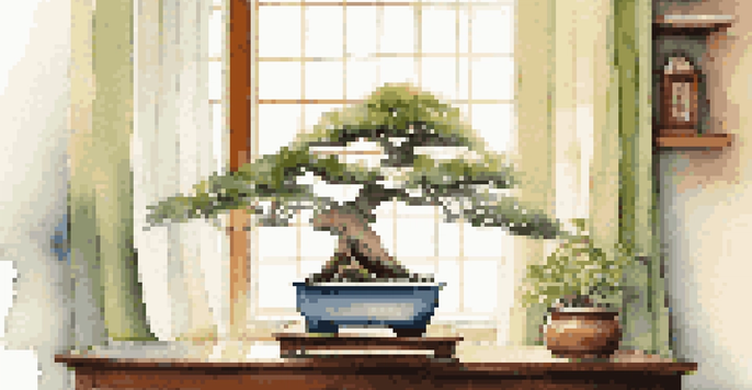 A decorative bonsai tree on a wooden table near a window, illuminated by natural sunlight, surrounded by soft greenery.