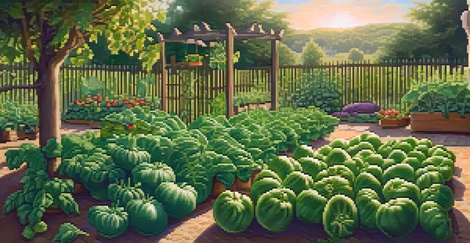 A colorful vegetable garden with tomatoes and basil growing together under warm sunlight, with beans climbing a trellis of corn in the background.