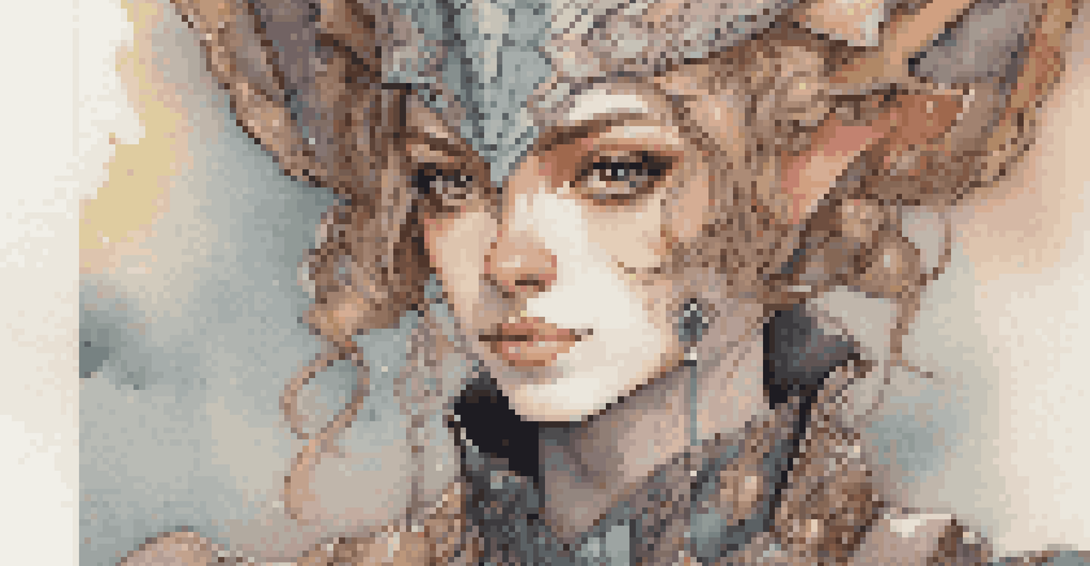 A close-up of a gender-fluid cosplayer showcasing a costume that combines masculine and feminine elements, with soft lighting emphasizing their confident expression.