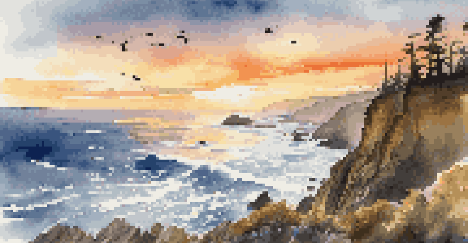 A scenic view of the Pacific Coast with waves crashing on cliffs during sunset.