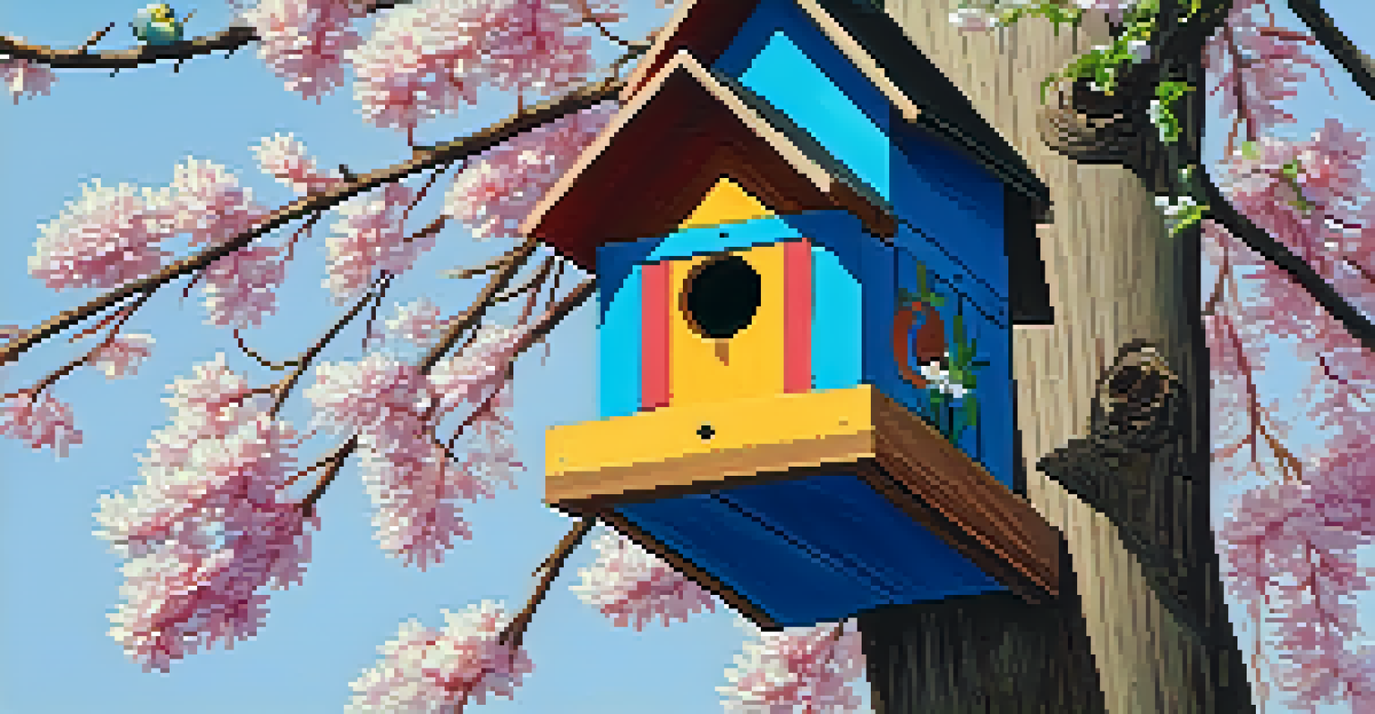 A colorful, painted birdhouse hanging from a tree branch surrounded by flowers and greenery.