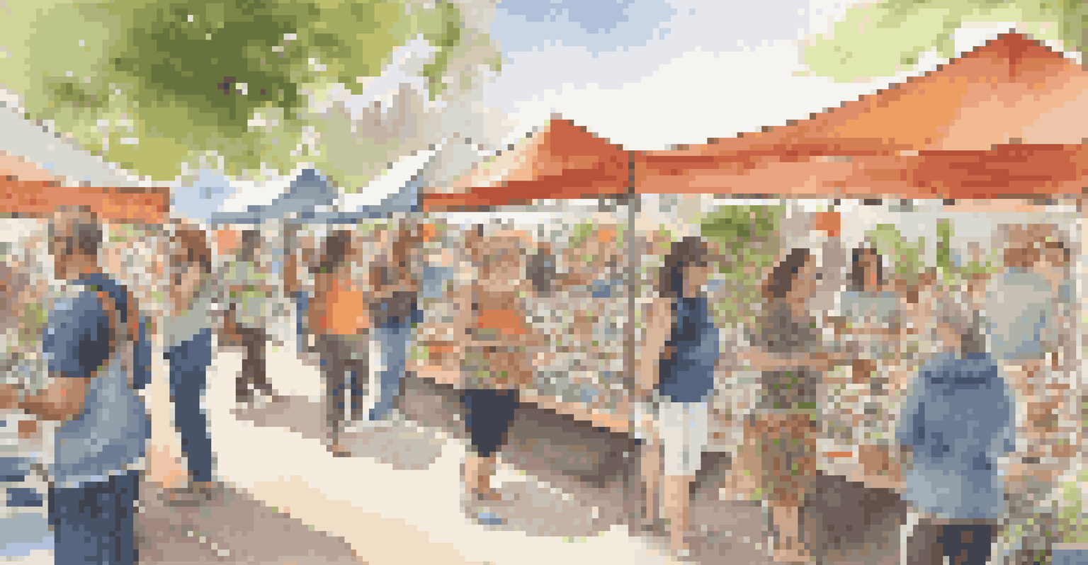 A community craft fair with eco-conscious ceramic artists displaying their work and engaging with attendees.